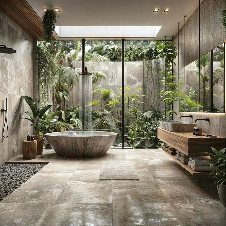Baño con bañera exenta de piedra y ducha abierta