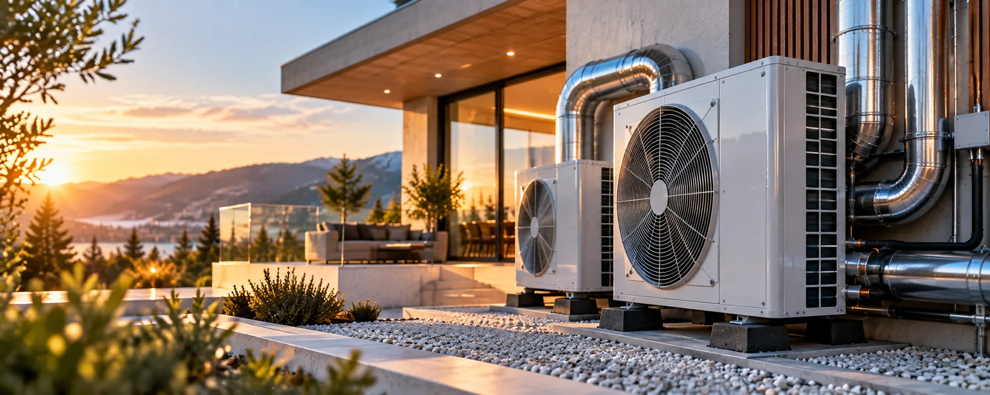 Unidades exteriores de climatización instaladas junto a una vivienda moderna
