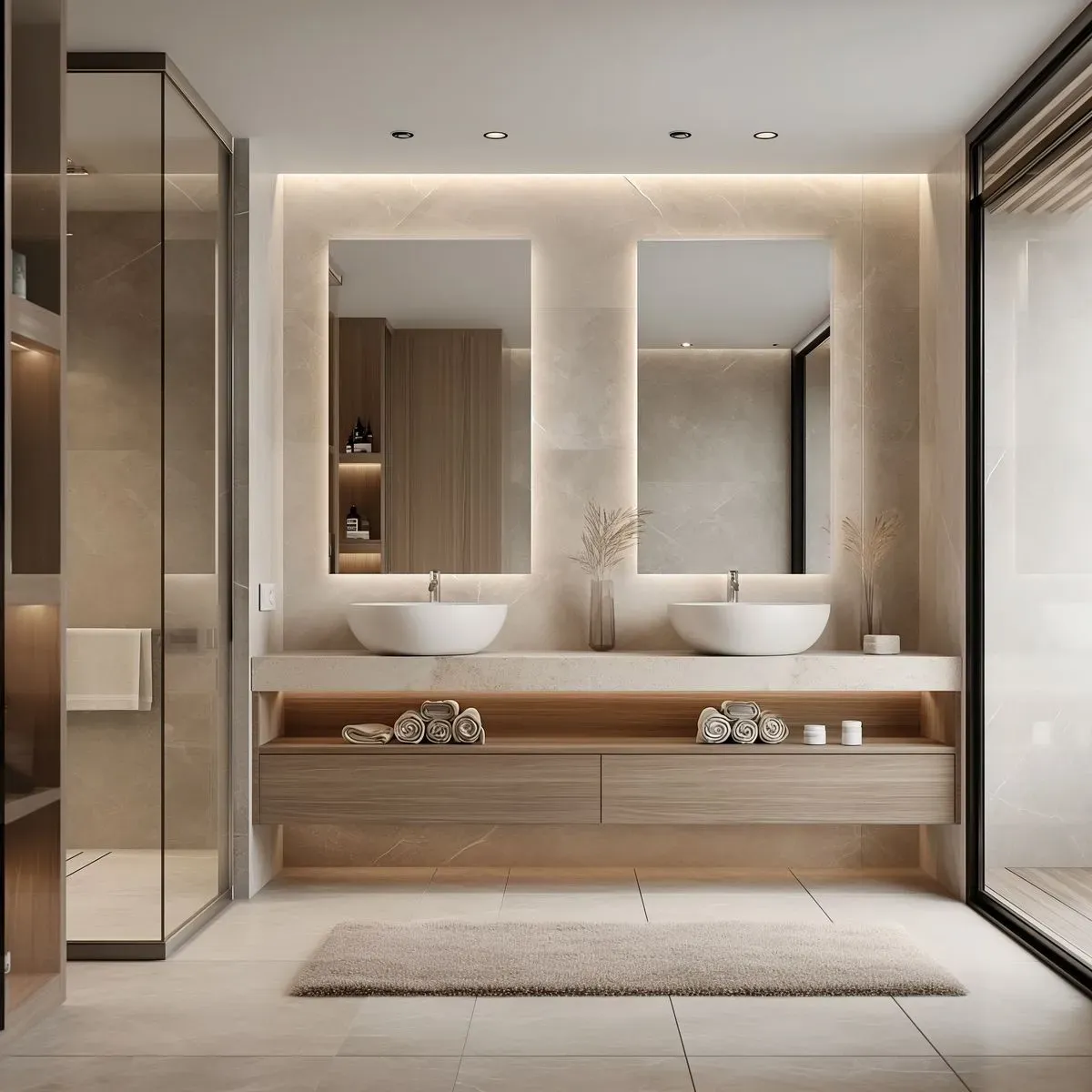 Baño con doble lavabo y grifería instalada en una vivienda de Ibiza