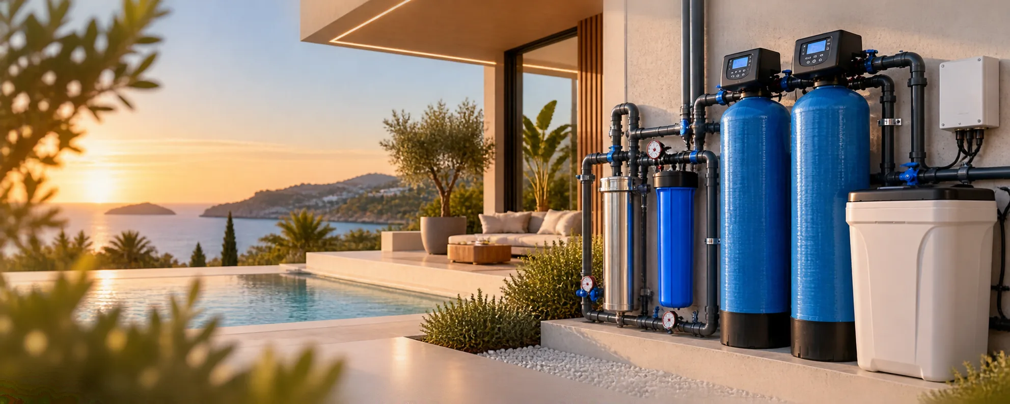 Equipos de descalcificación y filtración de agua instalados en una villa con piscina frente al mar